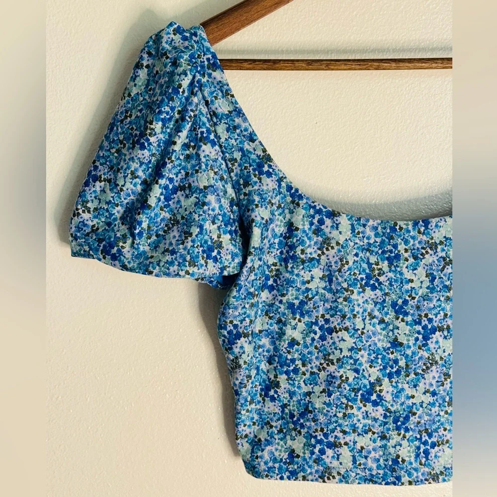 Splendid Blue Floral Longline Puff Sleeve Bikini Top - Size Large